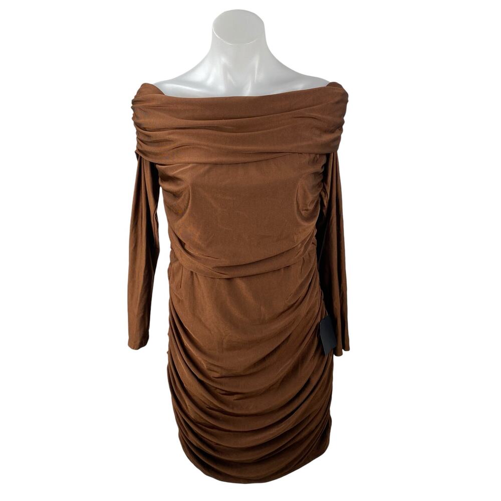 NEW Lulus Brown Ruched Draped Off the Shoulder Long Sleeve Mini Bodycon Dress XL